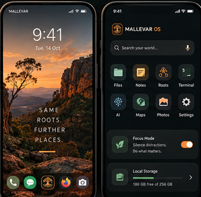 Mallevar OS mobile: a home screen over a bush sunset reading 'Same roots. Further places.', and a settings pane with account, sync, privacy, AI and agents, storage, appearance, security and about MALLEVAR OS v1.0.0.
